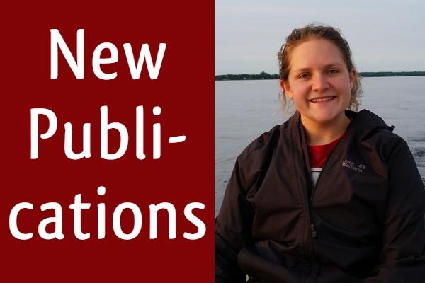 Text: "New Publications" white on a field of dark red, next to a headshot of Lyndsie Collis with a waterbody in the background